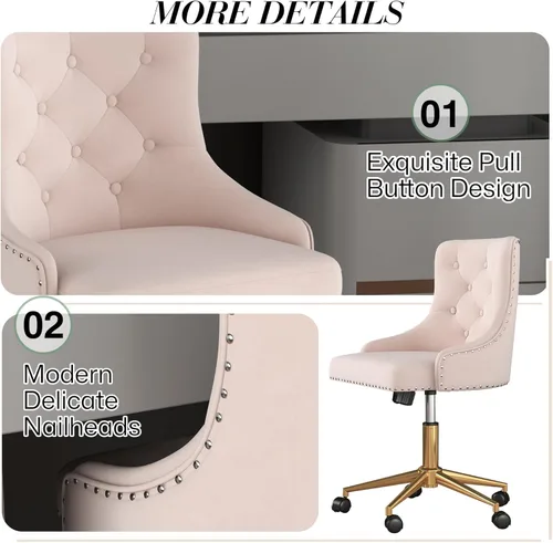 Miniatura 8 de Silla de escritorio de oficina en casa de terciopelo sin brazos, silla giratoria de tocador pequeña y linda ajustable en altura para mujeres/niñas