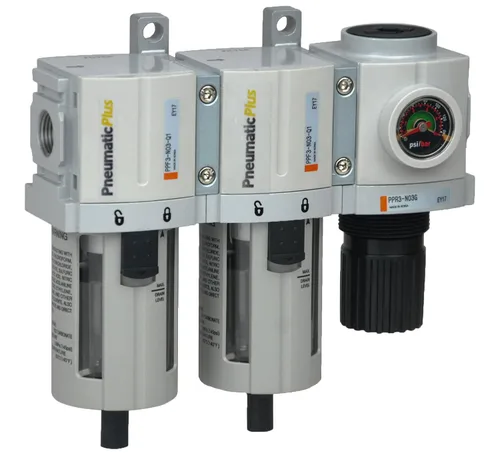 Sistema desecante de aire PneumaticPlus PPC3-N02G de 3 unidades de filtrado, con filtro de partículas de aire, filtro coalescente y regulador de