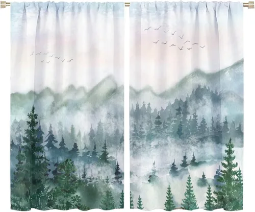 Miniatura 30 de BAEKJIN Cortinas verdes de bosque brumoso, acuarela, naturaleza, paisaje, plantas, árbol, bolsillo para barra, opacas, tratamiento de ventana