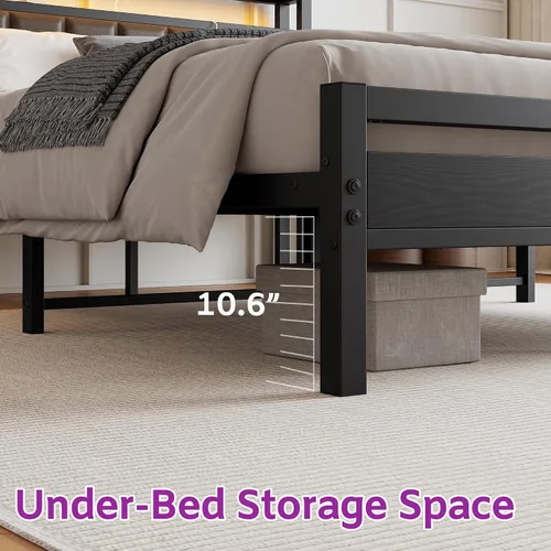 Miniatura 6 de HOJINLINERO Base de cama Queen con luces LED de cabecero, marco de cama tapizado negro tamaño Queen con estación de almacenamiento y carga,