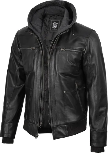Miniatura 7 de Blingsoul Chaqueta de cuero para hombre Chaquetas de cuero negras con capucha desmontable para hombres