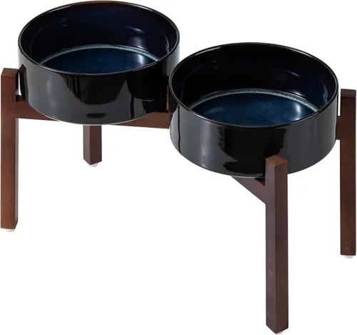 Miniatura 16 de Havniva Cuenco elevado de cerámica para perros de 6.1 pulgadas con soporte antideslizante (madera de acacia), dos opciones de altura, cuenco