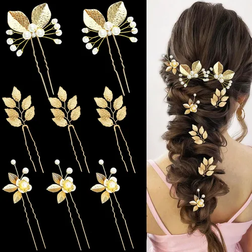 8 horquillas de cabello de hoja dorada con cristales, perlas, diamantes de imitación, tocado de novia, horquillas de peinado de boda, accesorios