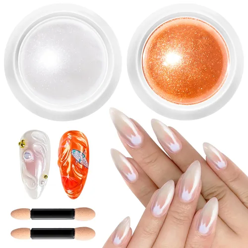Polvo de uñas cromado y perla - 【Efecto espejo metálico】 Polvo de uñas naranja cromado blanco transparente Aurora sirena iridiscente cromo polvo
