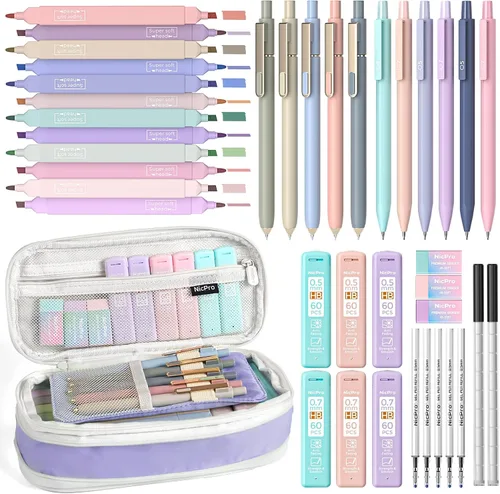 Miniatura 13 de Nicpro Juego de 50 artículos escolares con estuche para lápices, 6 bolígrafos de gel y recargas, 12 resaltadores, 6 lápices mecánicos artísticos, 12