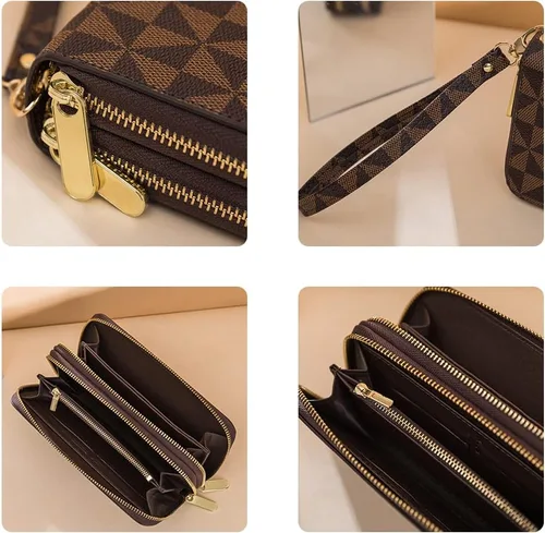 Miniatura 5 de Veki Billetera para mujer con doble cremallera y correa para la muñeca, monedero de cuero para tarjetas de crédito para mujeres y hombres, Negro A