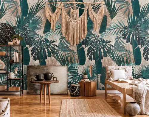 Miniatura 3 de CONCORD WALLCOVERINGS ™ Papel tapiz floral para dormitorio, hojas de palmera, beige, azul y verde, 63 pulgadas de ancho x 110 pulgadas de alto, 3
