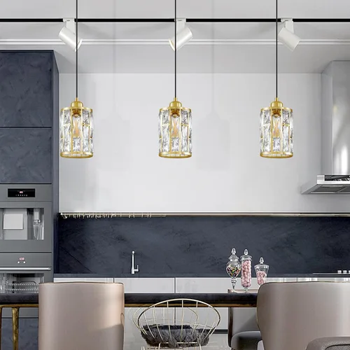 Miniatura 6 de Paquete de 3 colgantes de isla de cocina con pantalla de cristal de 5.4 pulgadas, acabado dorado claro, moderno con pantalla de metal de cristal