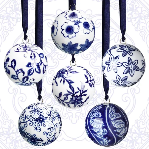 Cindeer 6 bolas de porcelana china azul y blanca de 2.4 pulgadas, adorno de porcelana a granel de cerámica para Año Nuevo, decoración para fiesta de