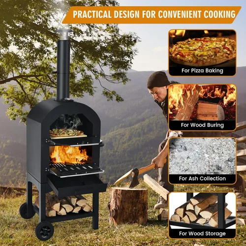 Miniatura 4 de Happygrill Horno de pizza para exteriores de leña, pizzero portátil con parrilla y piedra, rejillas de cocción, termómetro incorporado, cubierta