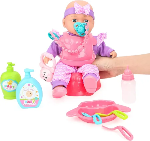 Miniatura 8 de deAO Cochecito de bebé para niños, juego de rol con una variedad de juguetes de alimentación y tapete de juego, cuna de viaje, cochecito y bolsa