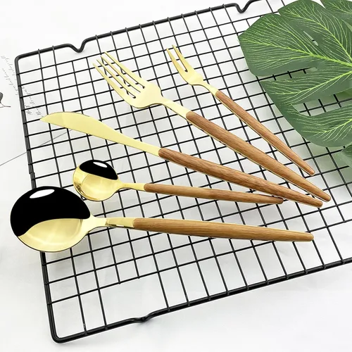 Miniatura 2 de JASHII Juego de cubiertos de madera de acero inoxidable de 20 piezas, mango de madera, cuchillo tenedor, cuchara, utensilios de cocina para 4