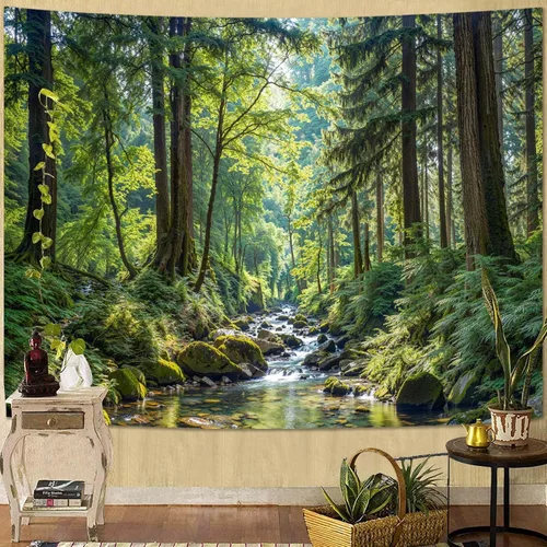 Miniatura 22 de Kanuyee Tapiz de bosque verde, tapiz de paisaje para pared, tapices de naturaleza para techo y pared, colgante para dormitorio, sala de estar