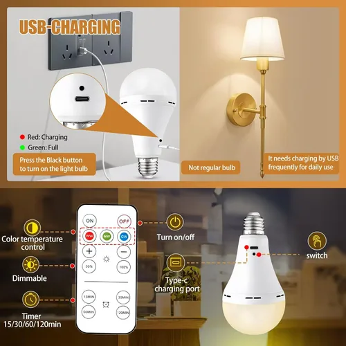 Miniatura 3 de Bombillas recargables USB con control remoto y temporizador, 3 temperaturas de color regulables, funciona con pilas, bombilla LED A21 de 2000 mAh