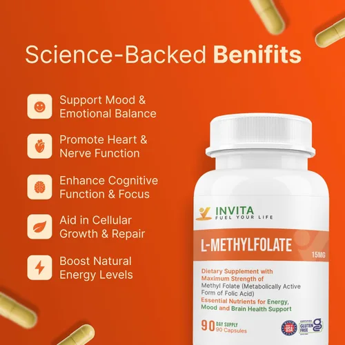 Miniatura 5 de INVITA L-metilfolato de 15 mg – Folato de metilo activo formulado por un médico – Suplemento 5-MTHF para la energía, el estado de ánimo y la salud