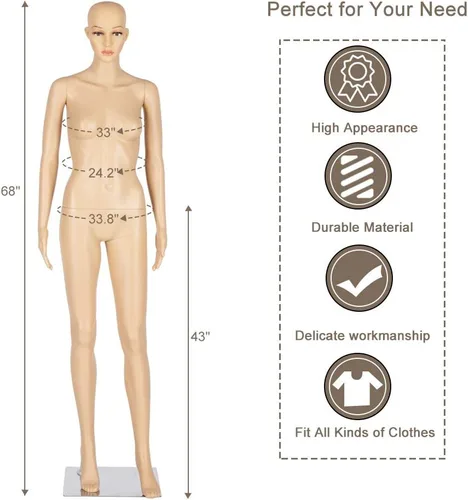Miniatura 4 de Bonnlo Maniquí femenino de cuerpo completo, ajustable, forma de maniquí con base de metal, 68 pulgadas, plástico desmontable para exhibiciones