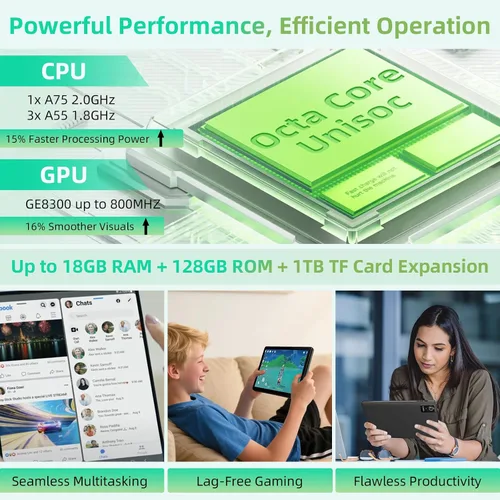 Miniatura 4 de Raemond Tableta Android 15 de 10 pulgadas, 18GB RAM 128GB ROM 1TB Expand, procesador Octa-Core, 1280x800 IPS Widevine L1, WiFi 6, cámara dual