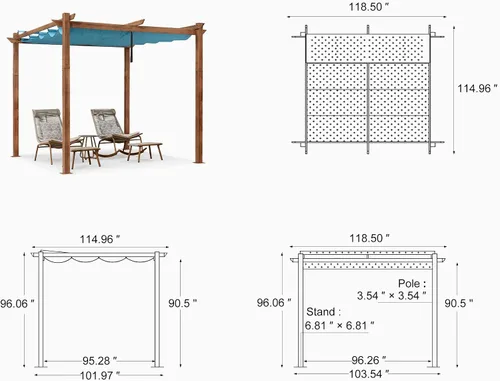 Miniatura 8 de PURPLE LEAF Pérgola retráctil para exteriores de 10 x 10 pies con toldo, refugio de metal para patio, jardín, pabellón, marco de grano de madera