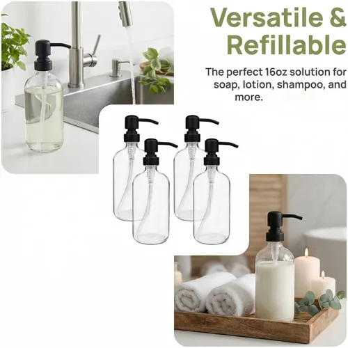 Miniatura 6 de Paquete de 4 dispensadores de jabón de vidrio con bomba de acero inoxidable negro mate, botellas redondas Boston transparentes de 16 onzas