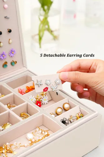 Miniatura 77 de Joyero de pendientes para mujeres y niñas, organizador de aretes de 5 capas, caja organizadora de joyas blanca con candado, collares y aretes