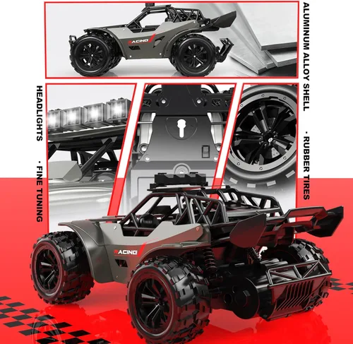 Miniatura 5 de Coche de control remoto de 2.4 GHz, velocidad de carcasa de metal, 20 KM/H, Monster RC Truck con faro LED, dos baterías recargables, 50 minutos