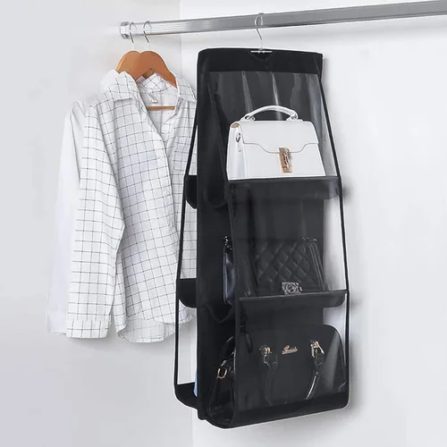 Miniatura 4 de HAN SHENG Organizador colgante de 6 bolsillos transparente para bolsos y monederos - Estante colgante para ahorrar espacio para clóset, armario