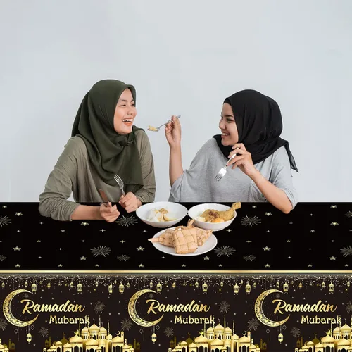 Miniatura 6 de 1 Manteles Ramadán Mubarak Eid Mubarak Decoraciones de Mesa Ramadán Kareem Suministros de Fiesta Negro y Dorado Cubierta de Mesa Rectangular