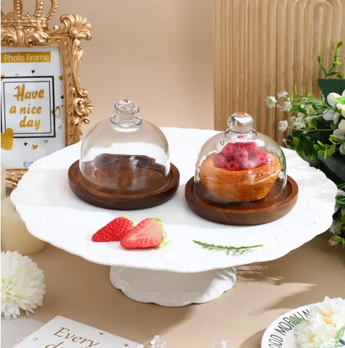 Miniatura 8 de Yardwe Paquete de 2 mini cúpula de postre de cristal con base de madera, soporte para pasteles de 3.4 pulgadas con cubierta de vidrio transparente