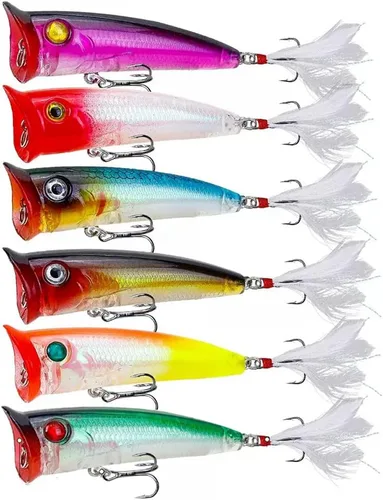 Miniatura 8 de Señuelos de pesca Popper cebo de pesca Topwater cebos duros ojos 3D Swimbait Crankbait con gancho de agudos para lubina, trucha, agua dulce y salada