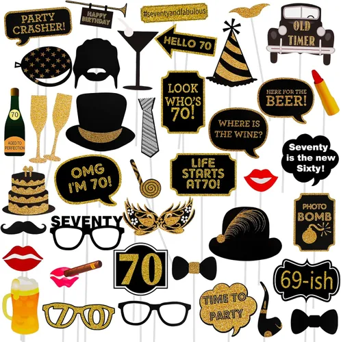 Accesorios para cabina de fotos de cumpleaños número 70 para adultos (41 unidades) para ella, él, aplaude a fiesta de cumpleaños de 70 años,