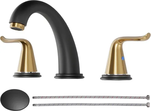 WOWOW Grifo de Baño Extendido Negro y Dorado Grifo de Lavabo de Baño Tocador de 3 Agujeros 2 Manijas Lavabo Grifo Mezclador de 8 Pulgadas con