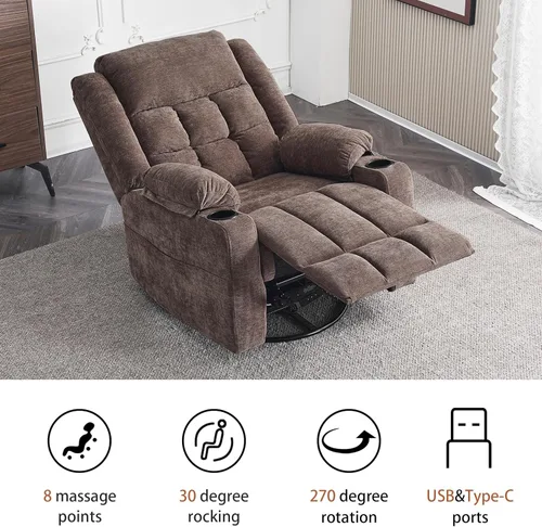 Miniatura 7 de Ketaiyou Silla reclinable giratoria eléctrica para adultos con masaje y calor, puertos USB y tipo C, posición infinita, sillón reclinable eléctrico