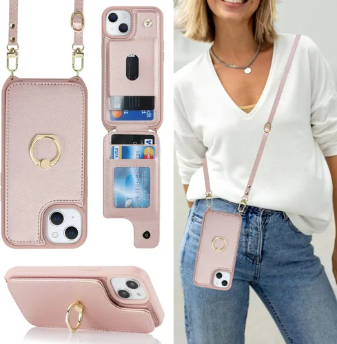 Miniatura 11 de Lipvina Funda para iPhone 14 Plus con tarjetero y correa para mujer, cordón cruzado, bloqueo RFID, soporte de anillo de soporte, cierre a presión
