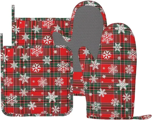 Miniatura 17 de Manoplas de horno y soportes para ollas a cuadros de búfalo negro y rojo, juego de 4 piezas, guantes de horno de silicona a cuadros negros y rojos