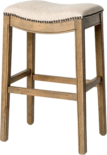 Maven Lane Taburete de bar Adrien sin respaldo – Asiento de sillín de 31 pulgadas con reposapiés – Estructura de madera maciza natural y tapizado de