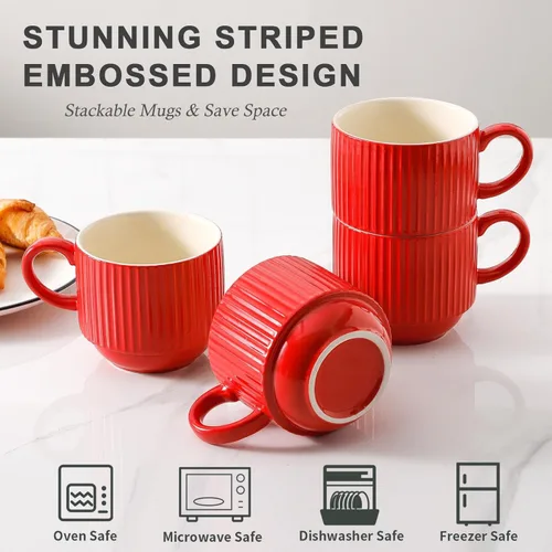 Miniatura 4 de Hasense Tazas de café rojas, juego de 4 tazas de café apilables de 15 onzas con estante – Juego de tazas de latte de cerámica grandes y acanaladas