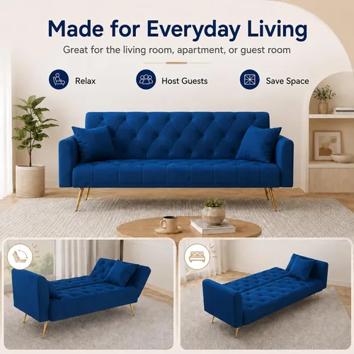 Miniatura 3 de Majnesvon Sofá cama plegable convertible de 71 pulgadas, moderno sofá biplaza de terciopelo con 2 almohadas, sofá cama futón con colchón y marco Azul