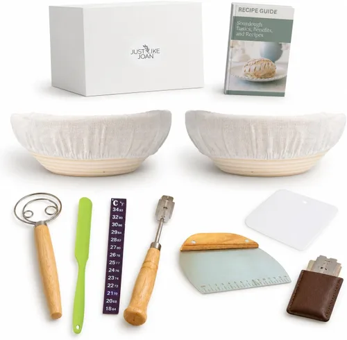 Kit de inicio de masa madre - Suministros para hacer pan con dos cestas redondas de 9 pulgadas a prueba de Banneton con forros de lino para una