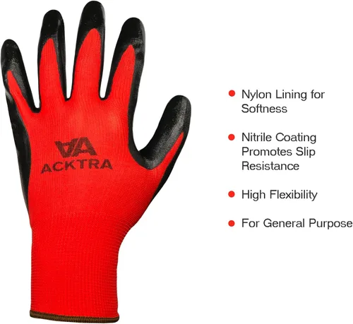 Miniatura 4 de ACKTRA Guantes de trabajo de seguridad con revestimiento de nitrilo, 12 pares, WG003 negro/negro, XS