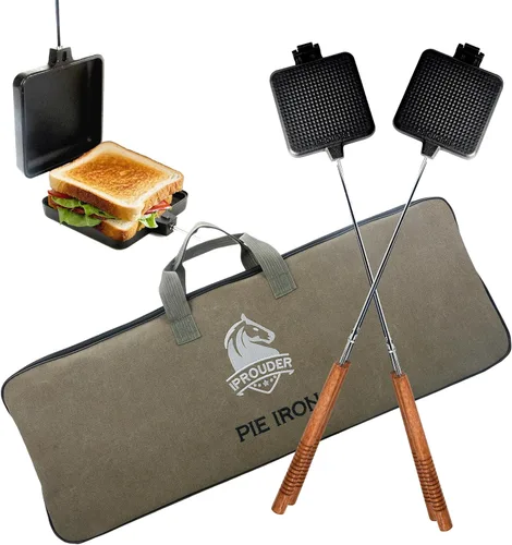 Campfire Pie Iron - Sandwichera grande de hierro fundido de 4.9 pulgadas para camping, 2 piezas con bolsa de almacenamiento, asas gruesas de 22.6