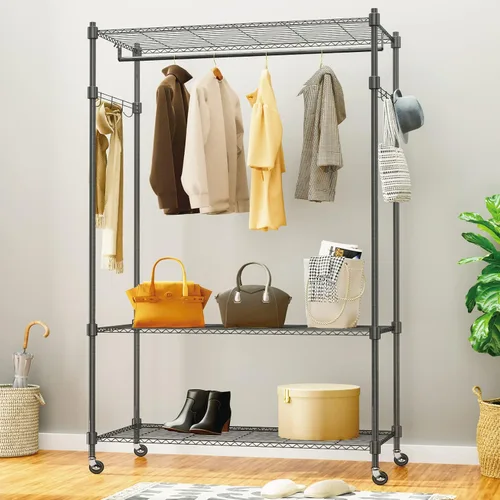 Miniatura 3 de Himimi Perchero resistente de 3 niveles con ruedas, estante de alambre ajustable con barra para colgar, 4 ganchos laterales, estante de Gris