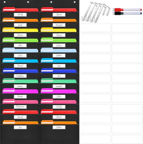 Miniatura 7 de Vantasii Organizador de Pared con Bolsillos, Carpeta Organizadora de Archivos de Pared con 30 Bolsillos para Archivos, 30 Tarjetas de Borrado