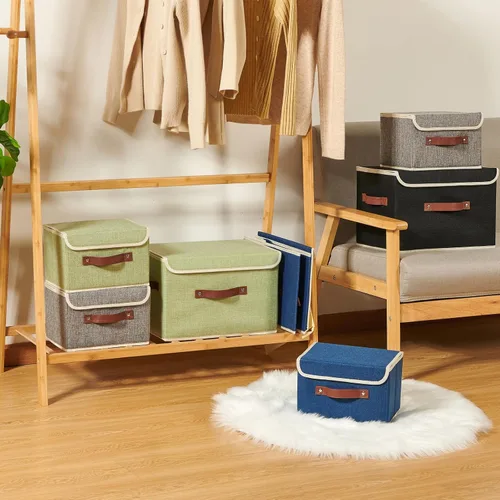 Miniatura 6 de Cajas de almacenamiento con tapa, contenedores de almacenamiento de tela de lino y algodón, contenedores organizadores, cestas decorativas plegables