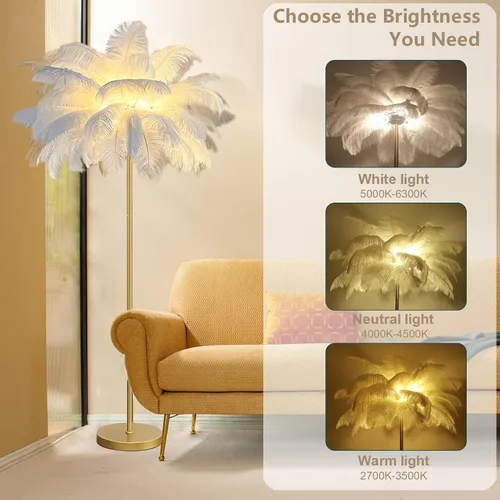 Miniatura 3 de Lámpara de pie de avestruz natural moderna para sala de estar, lámpara de pie LED con interruptor de pie, acabado dorado, elegante pantalla