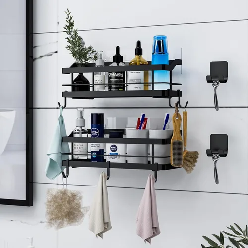 Miniatura 2 de Estante de baño para ducha, paquete de 2, cesta con 8 ganchos para colgar champú acondicionador, estante de acero inoxidable, organizador