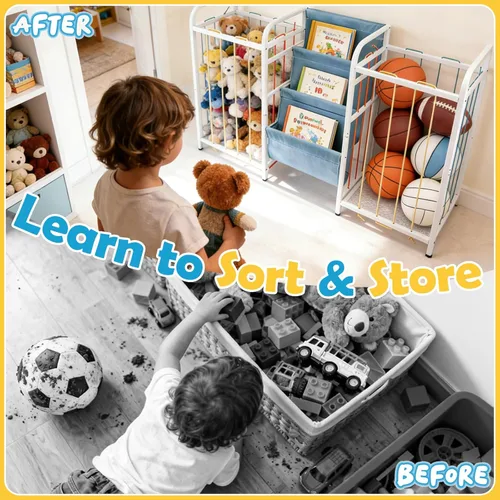 Miniatura 3 de Almacenamiento de juguetes de doble cara para niños y estantería de 3 niveles - Organizador Montessori para niños pequeños con cubos de juguetes