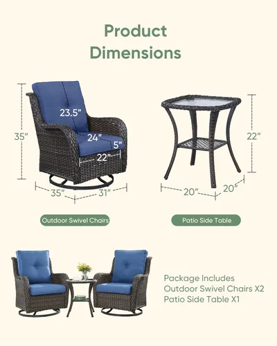 Miniatura 7 de HUMMUH Silla mecedora giratoria de ratán de 3 piezas para exteriores, juego de muebles de bistró de patio con cubierta, silla de mimbre acolchada