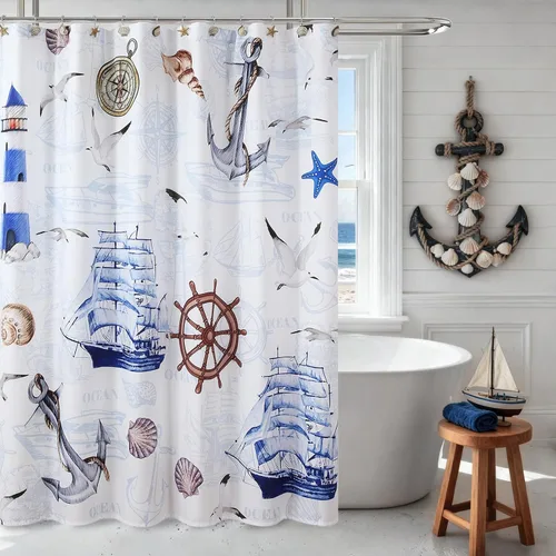 Miniatura 19 de Cortina de ducha náutica costera de tela, cortina de ducha de conchas marinas y estrella de mar de tema azul de playa y océano para baño, cortinas