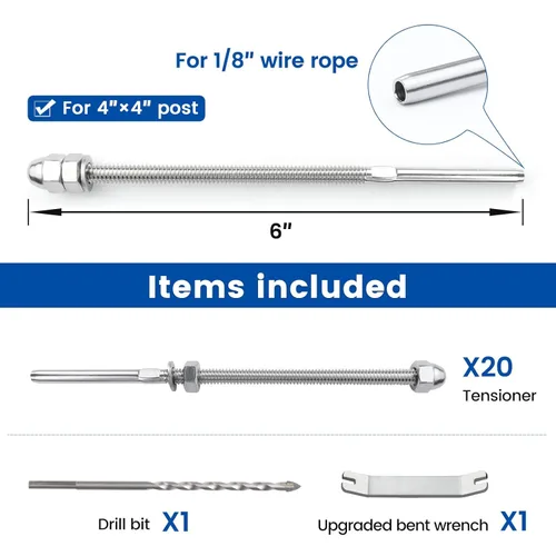 Miniatura 33 de Muzata Paquete de 10 accesorios de barandilla de cable negro de 1/8 pulgadas, tensor roscado a mano para poste de metal de 2 x 2 pulgadas, sistema