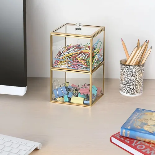 Miniatura 5 de Almacenamiento multiusos para baño, soporte para brochas de maquillaje de vidrio, organizador de bolas de algodón Qtip, 3.9 x 3.9 x 6.3 in